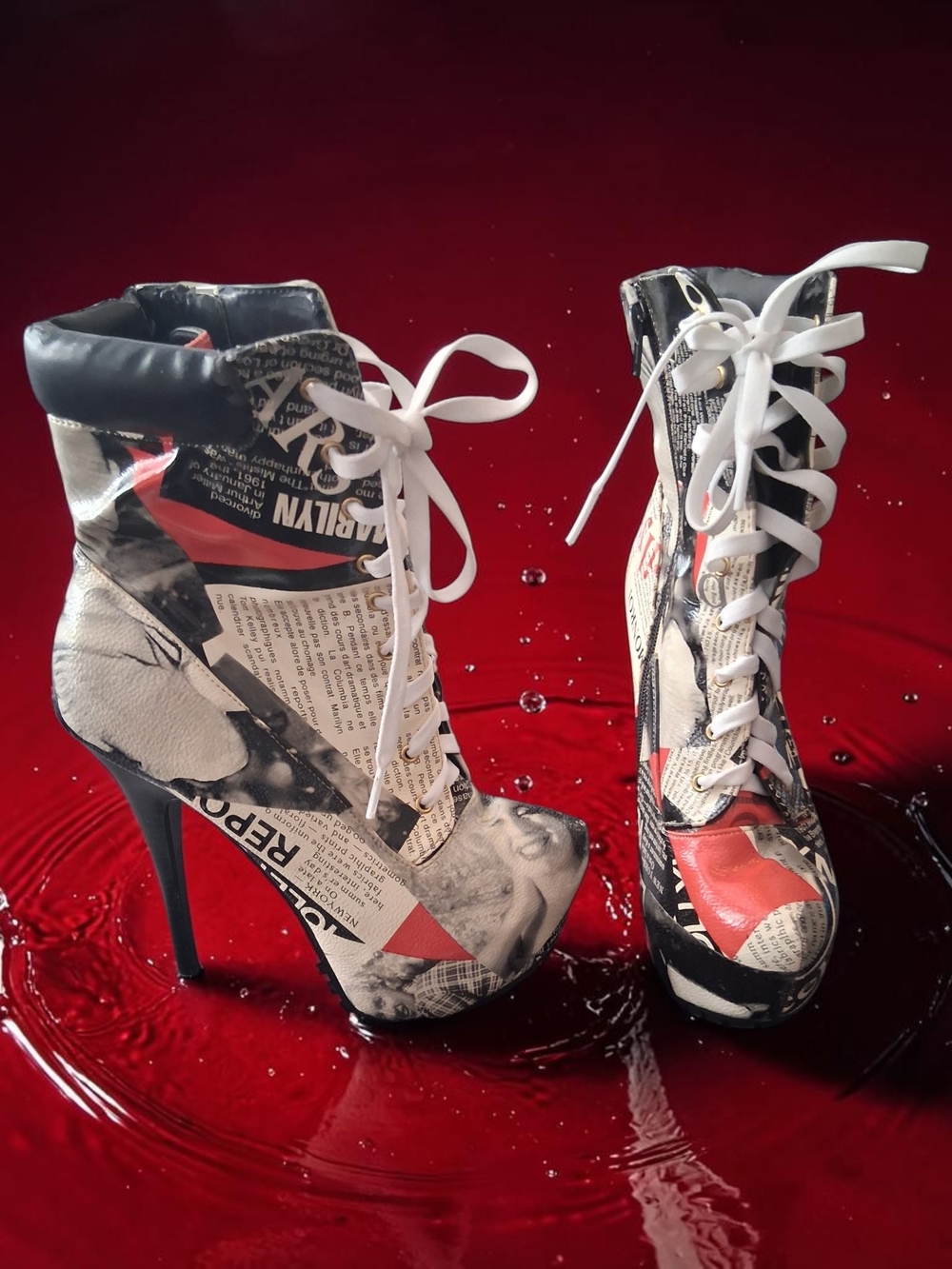 Vintage Shoe Rep Newspaper Print Lace-Up Platform Ankle Boots in Black White Red
